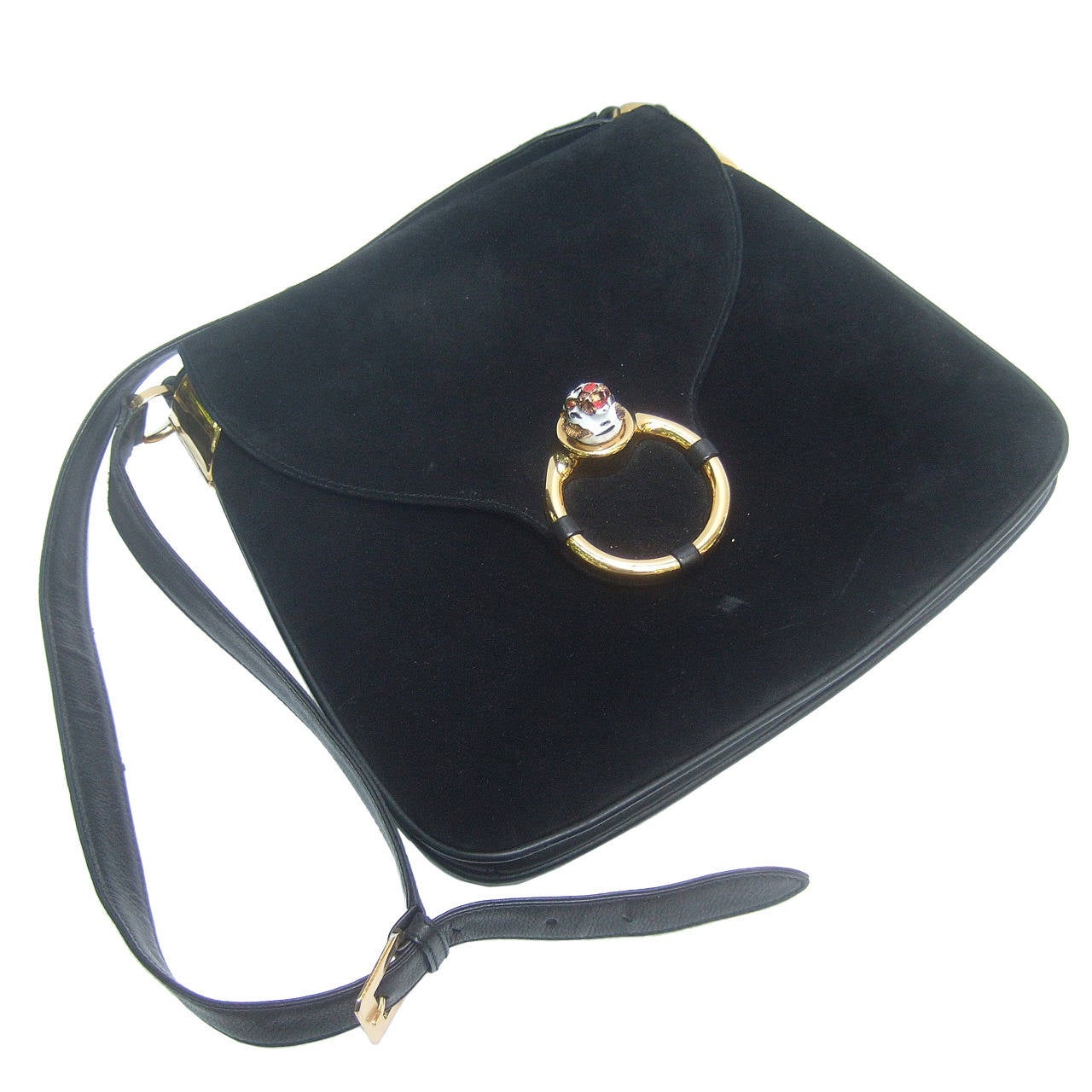 Gucci Italy Rare Black Suede Tiger Clasp Shoulder Bag c 1970 at 1stdibs