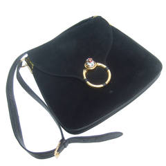 Vintage Gucci Italy Rare Black Suede Tiger Clasp Shoulder Bag c 1970