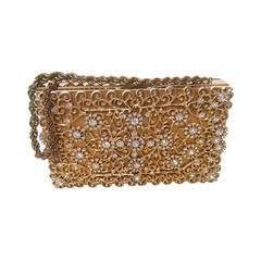 Vintage Opulent Crystal Gilt Metal Evening Bag Case c 1960