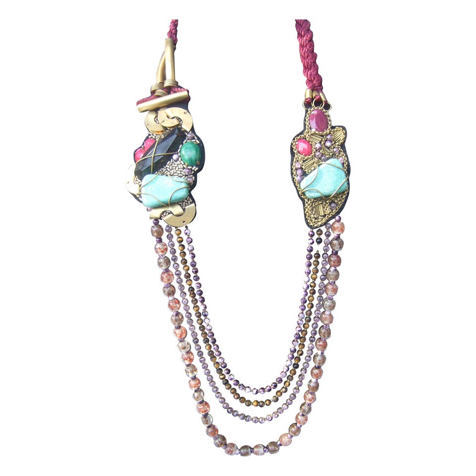 Artisan Stone & Glass Beaded Avant Garde Necklace For Sale