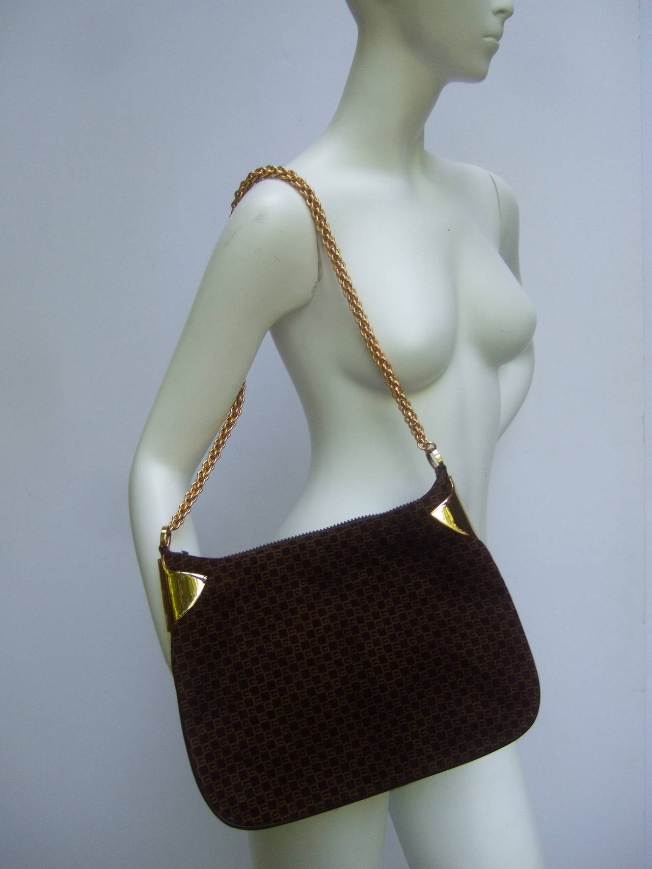 Black Gucci Brown Suede Gilt Chain Shoulder Bag c 1970s