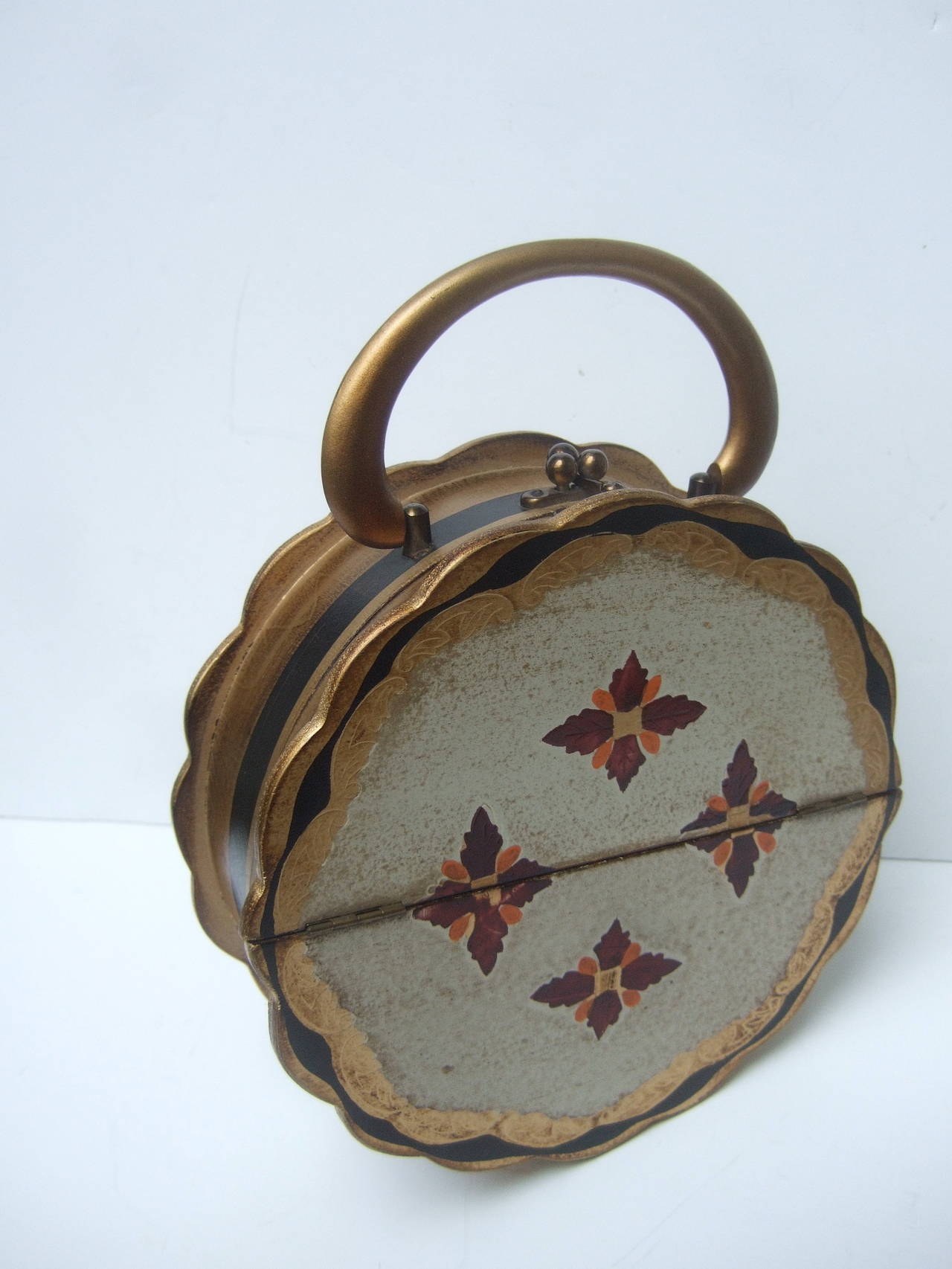 Brown Unique Florentine Style Wood Circular Handbag c 1960s