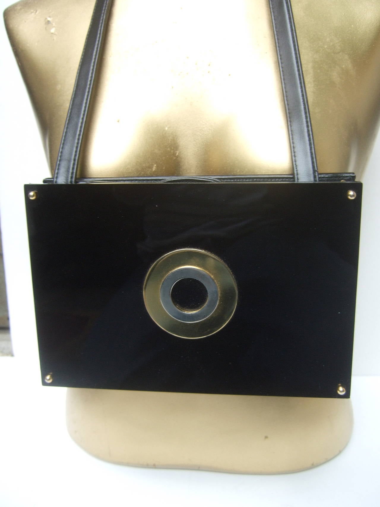 Sleek Black Lucite Clutch Style Shoulder Bag c 1970 In Excellent Condition In University City, MO