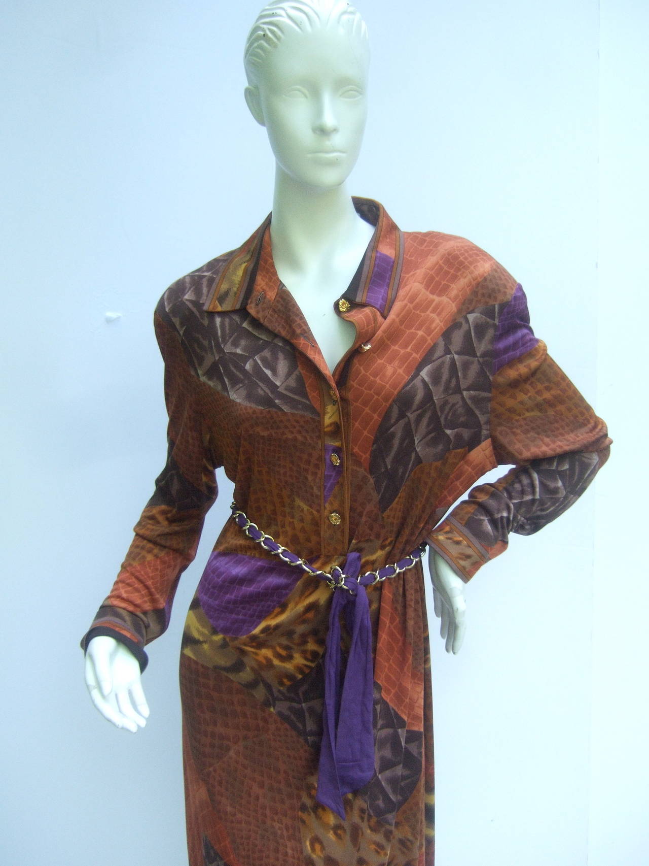 Brown Leonard Paris Silk Jersey Print Dress Made in Italy c 1990s