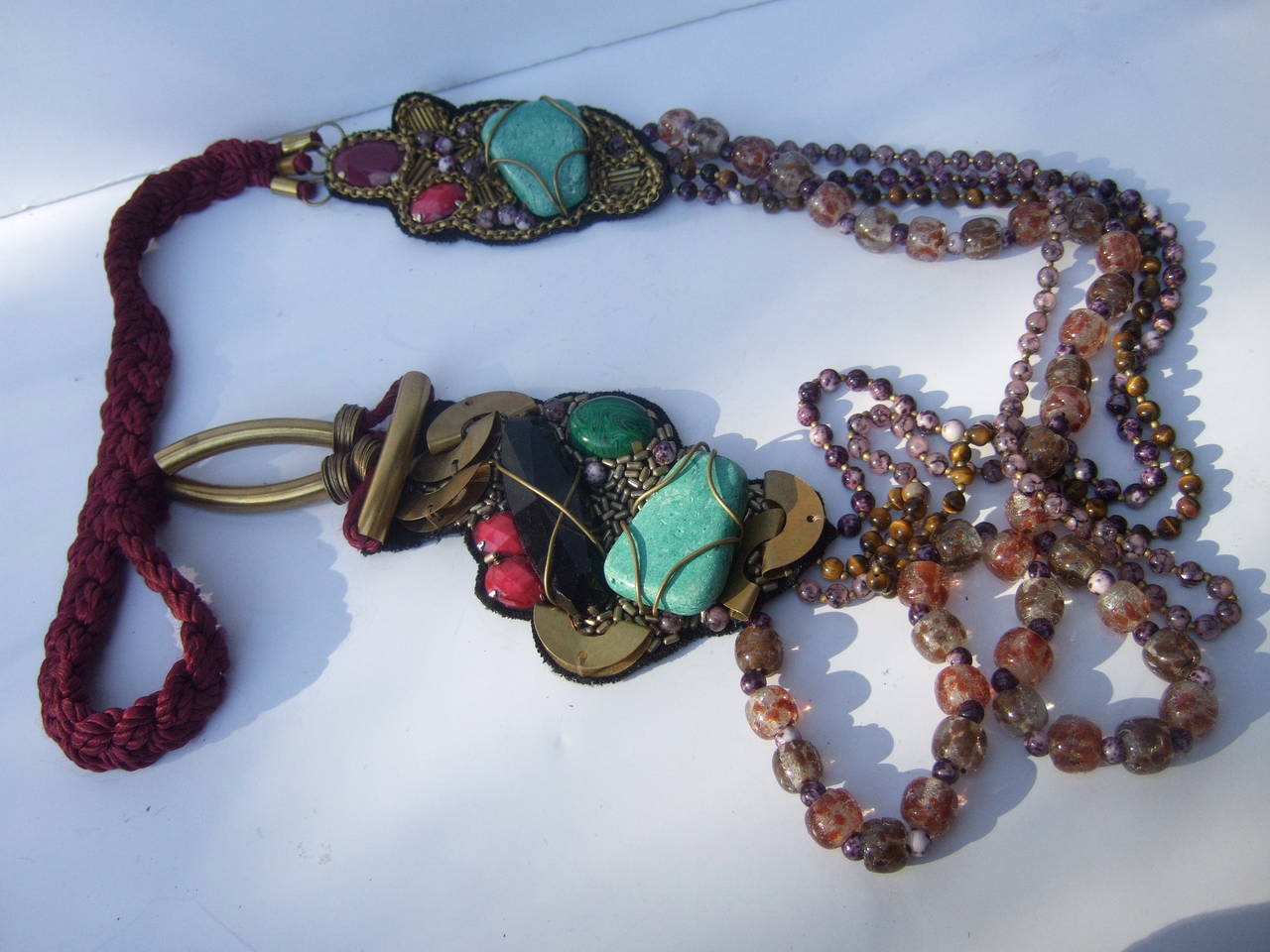 Artisan Stone & Glass Beaded Avant Garde Necklace In Excellent Condition For Sale In University City, MO