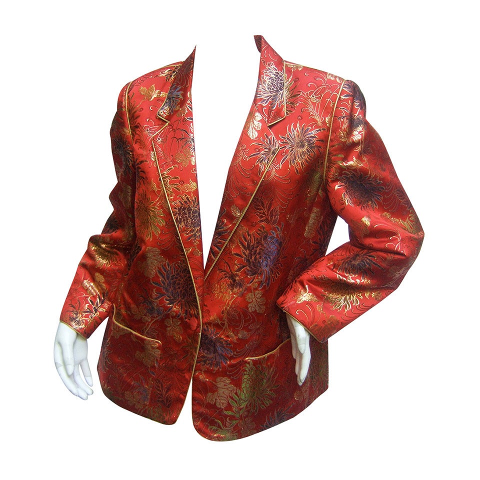 Exotic Scarlet Chinoiserie Brocade Jacket c 1980s For Sale
