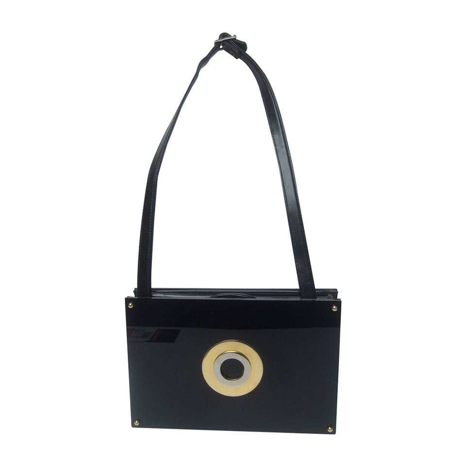 Sleek Black Lucite Clutch Style Shoulder Bag c 1970