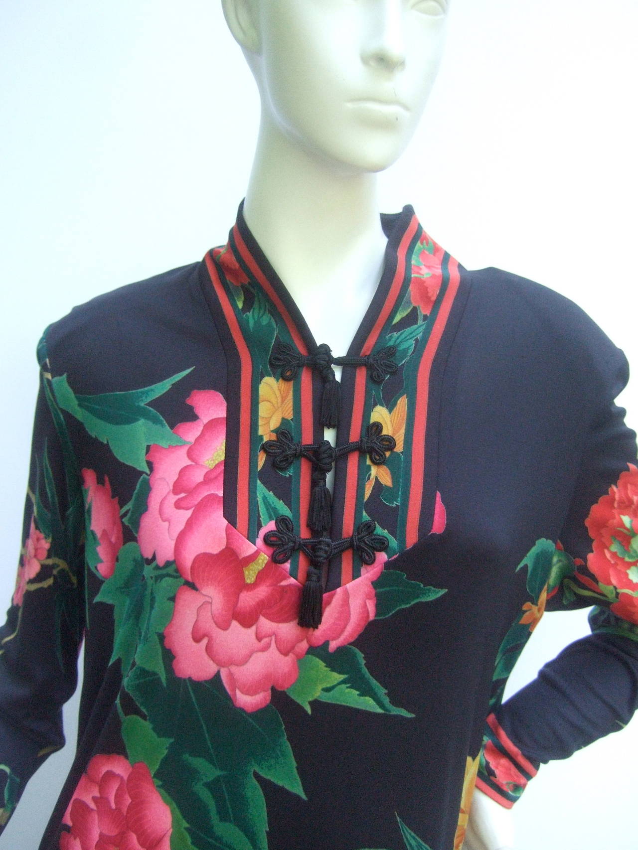 Black Leonard Paris Silk Jersey Floral Print Dress Made in Italy c 1980s