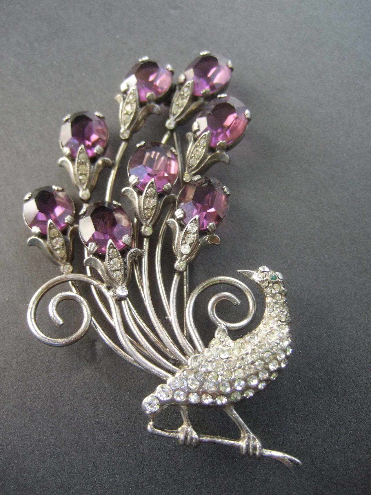 Art Deco Jeweled Sterling Peacock Brooch c 1940s For Sale 1