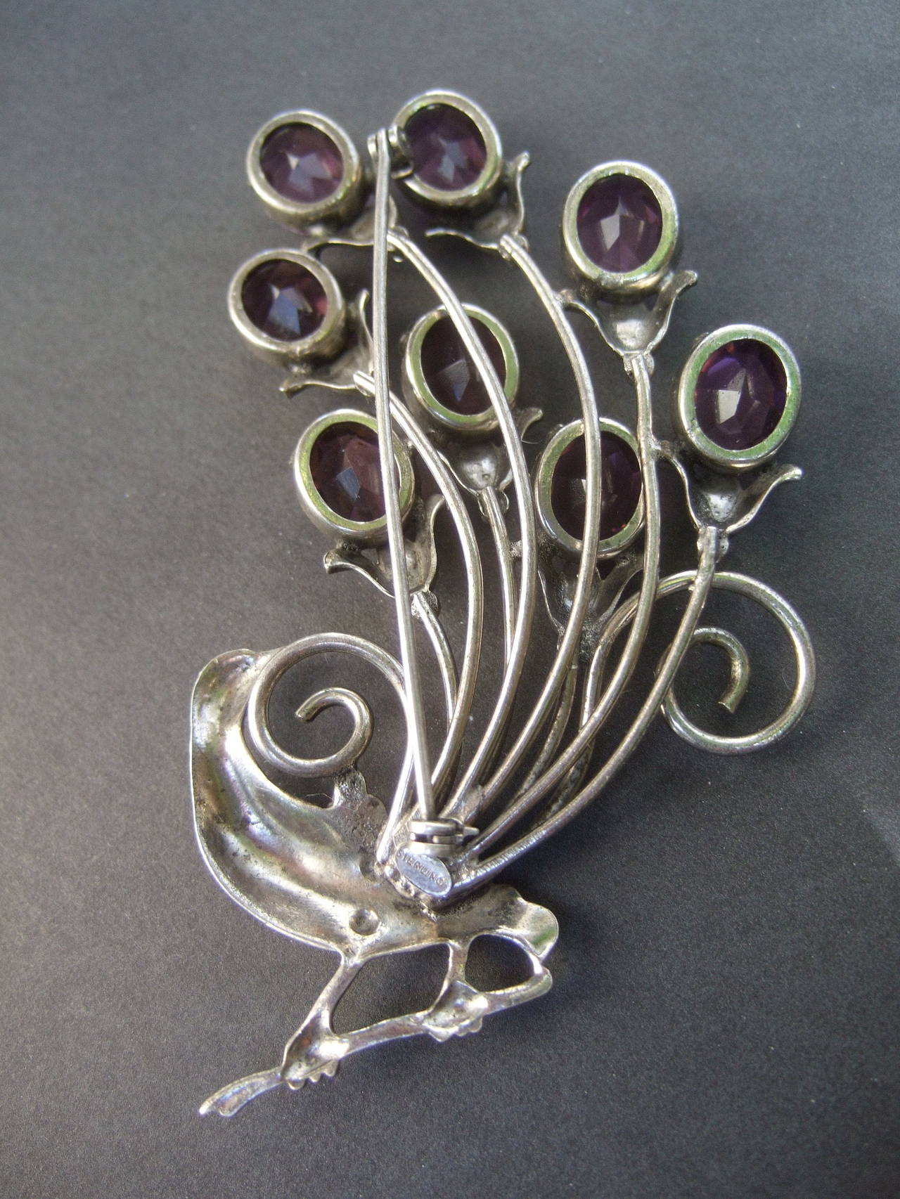 Art Deco Jeweled Sterling Peacock Brooch c 1940s For Sale 4