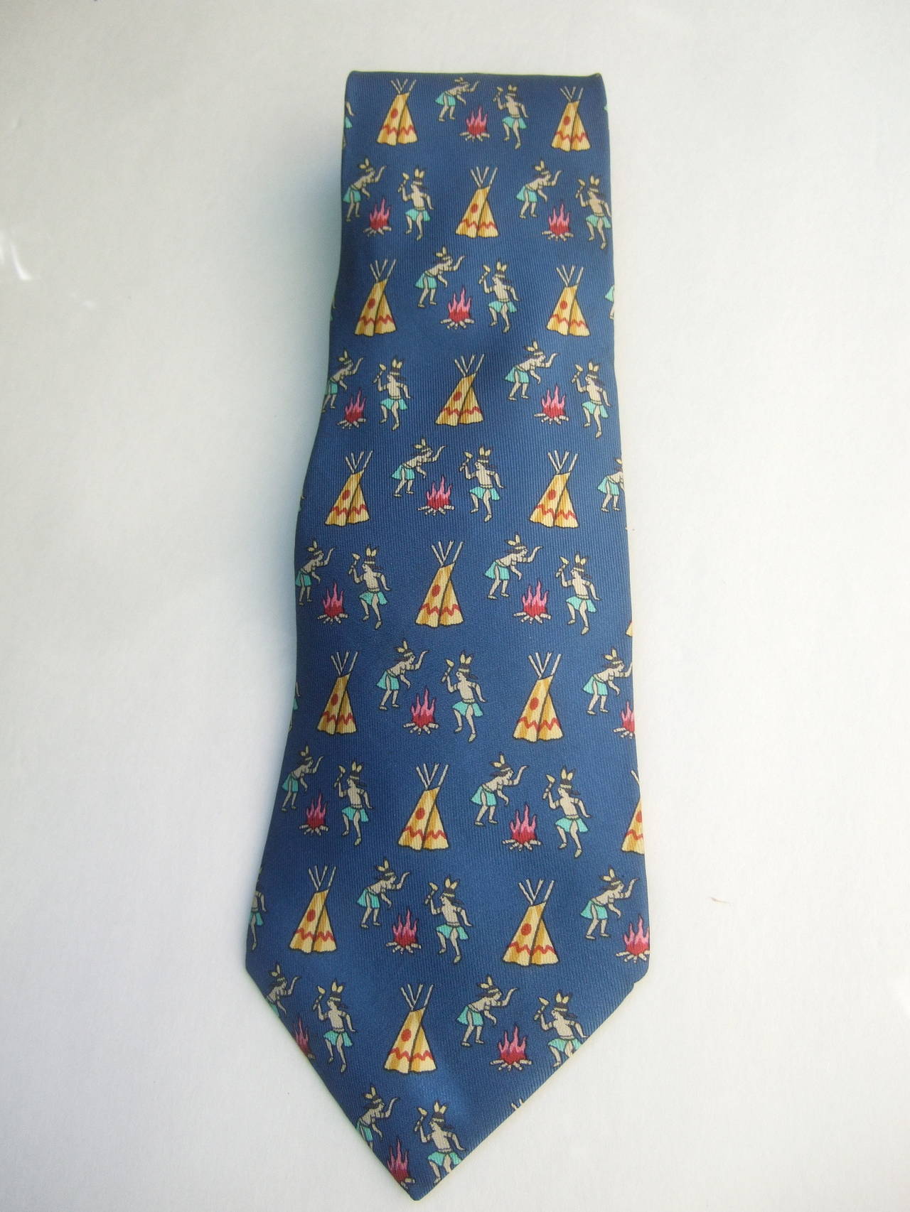 Hermes Paris Whimsical Indian Print Silk Necktie c 1990 In Excellent Condition In University City, MO
