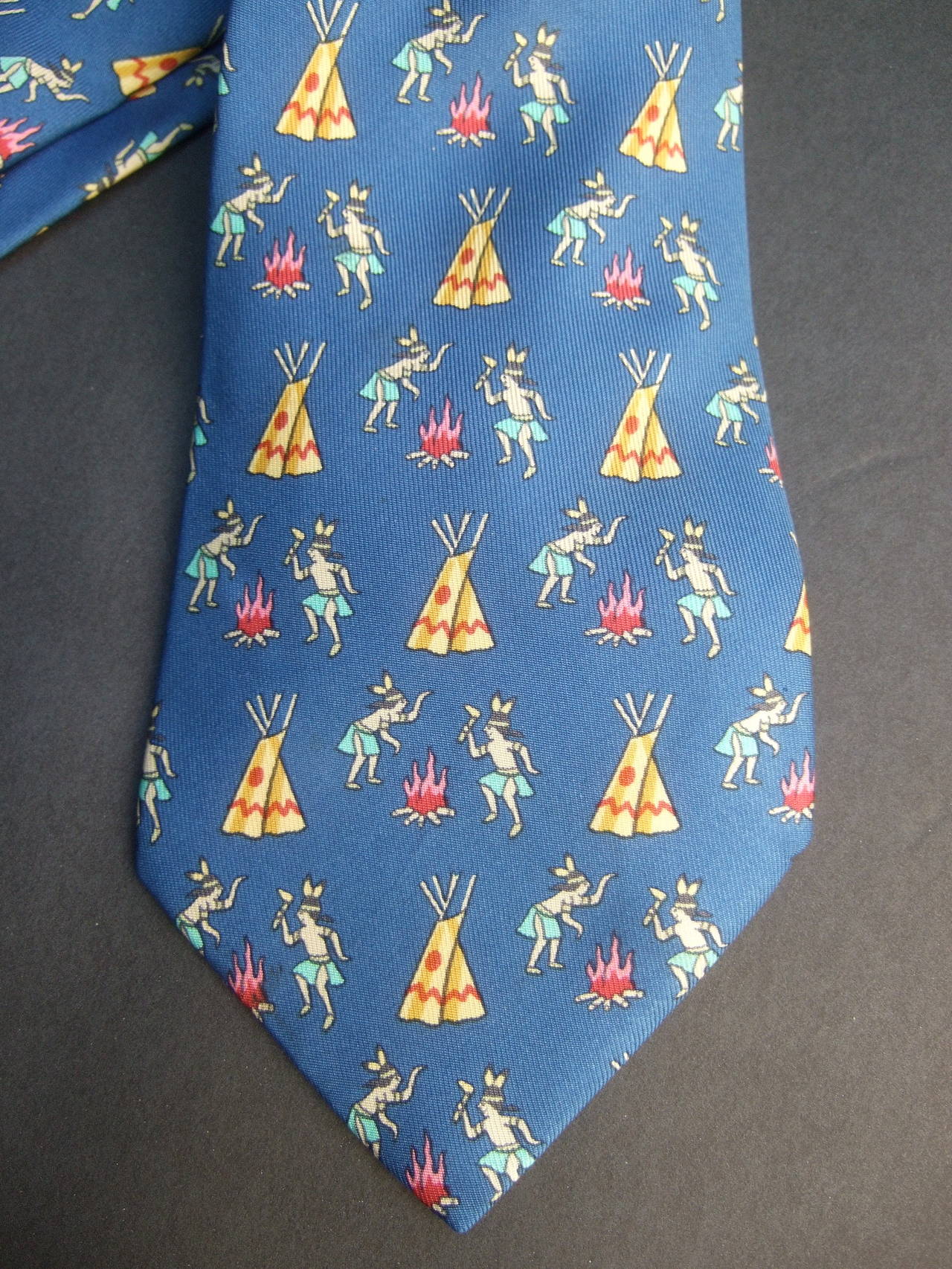 Men's Hermes Paris Whimsical Indian Print Silk Necktie c 1990