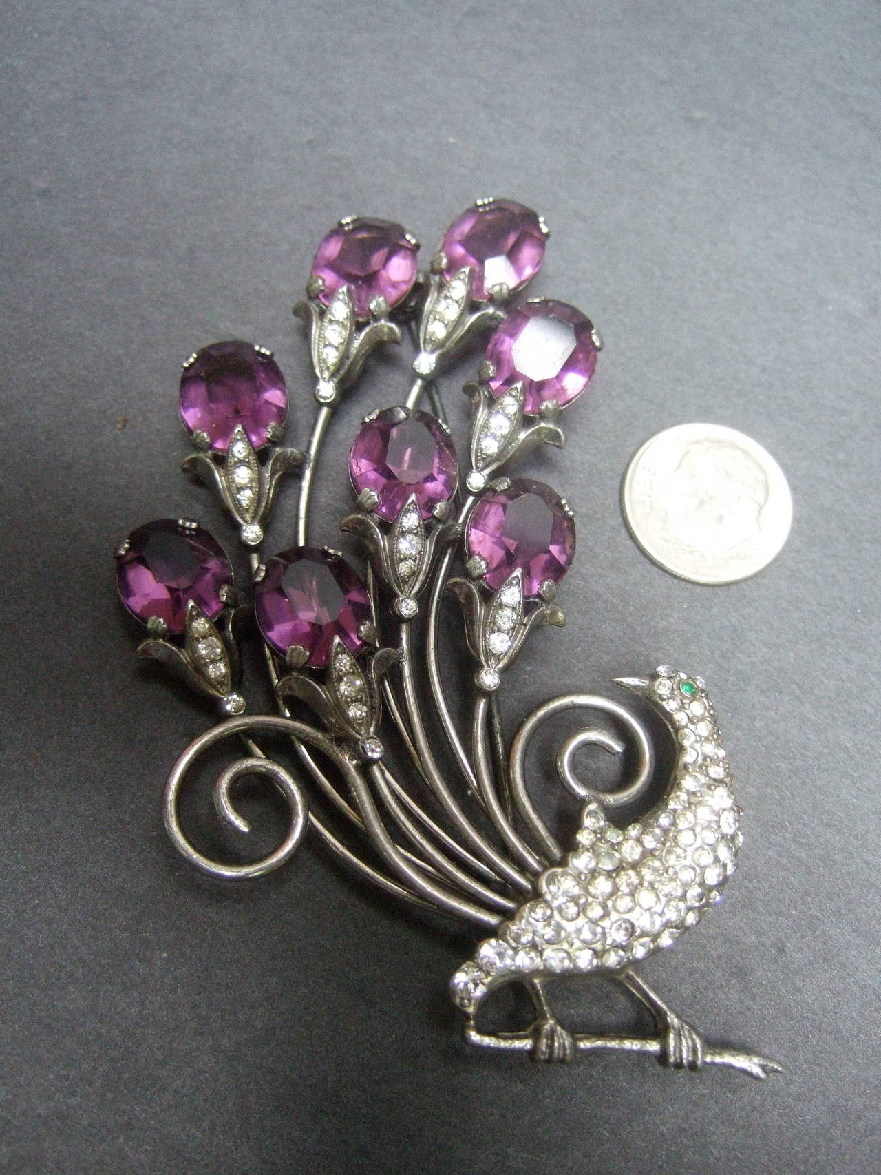 Art Deco Jeweled Sterling Peacock Brooch c 1940s For Sale 2