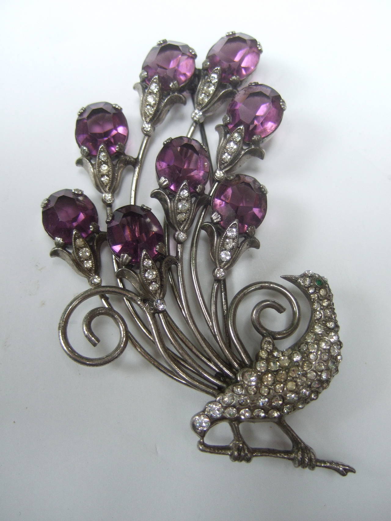 Women's Art Deco Jeweled Sterling Peacock Brooch c 1940s For Sale