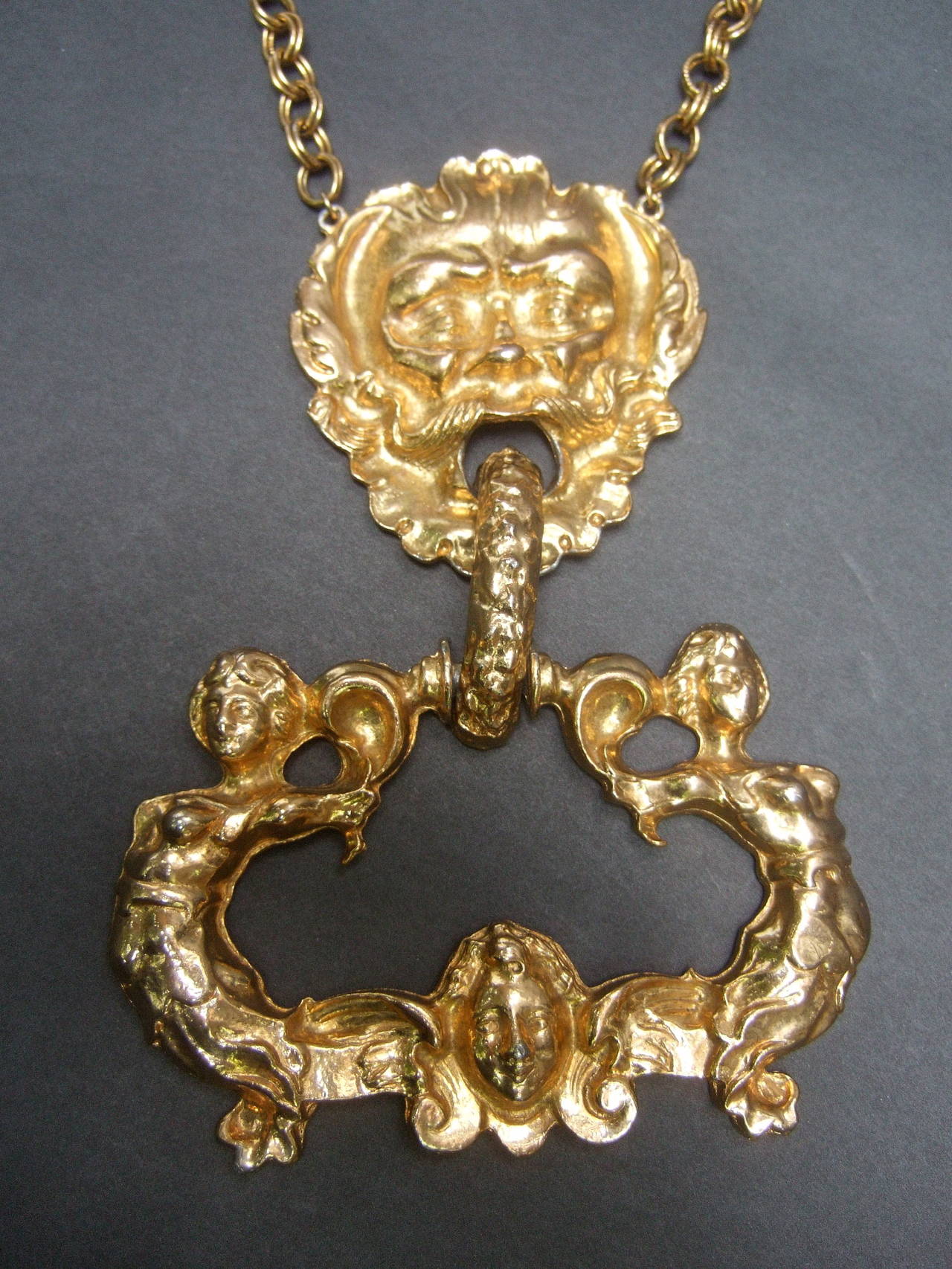 Massive Gilt Metal Figural Pendant Necklace c 1970 3