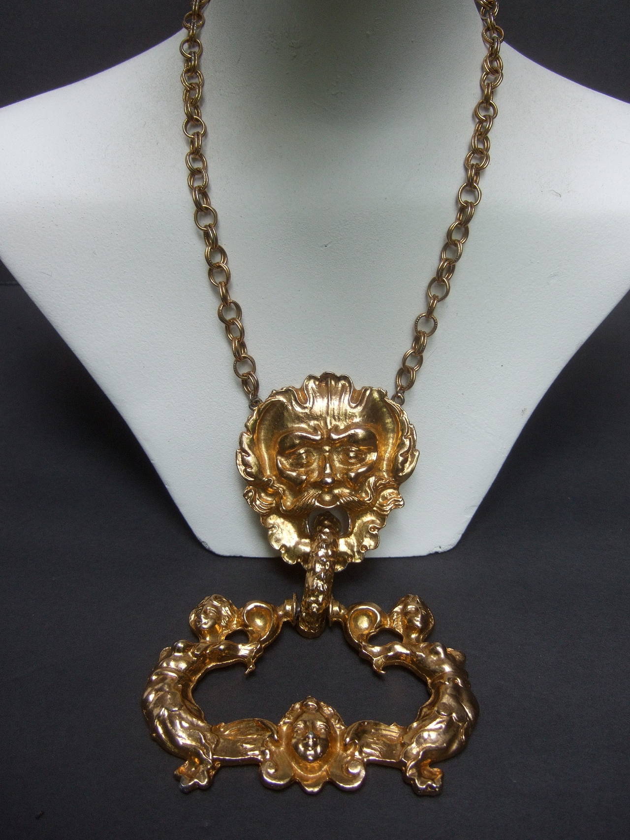 Women's Massive Gilt Metal Figural Pendant Necklace c 1970