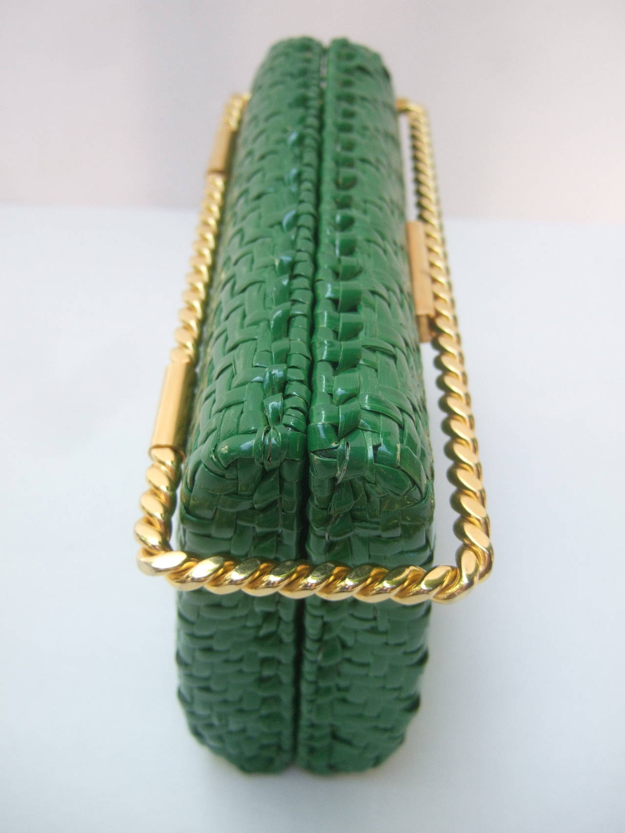 Rodo Italy Emerald Green Gilt Trim Wicker Clutch c 1980 1