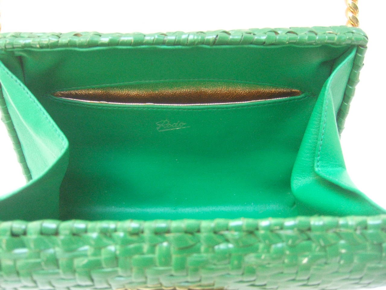 Rodo Italy Emerald Green Gilt Trim Wicker Clutch c 1980 3