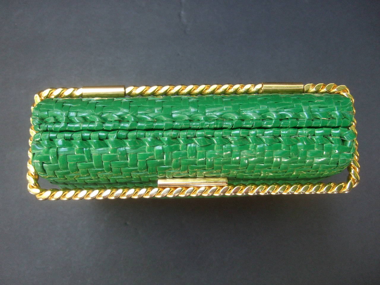 Rodo Italy Emerald Green Gilt Trim Wicker Clutch c 1980 2