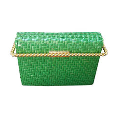 Rodo Italy Emerald Green Gilt Trim Wicker Clutch c 1980