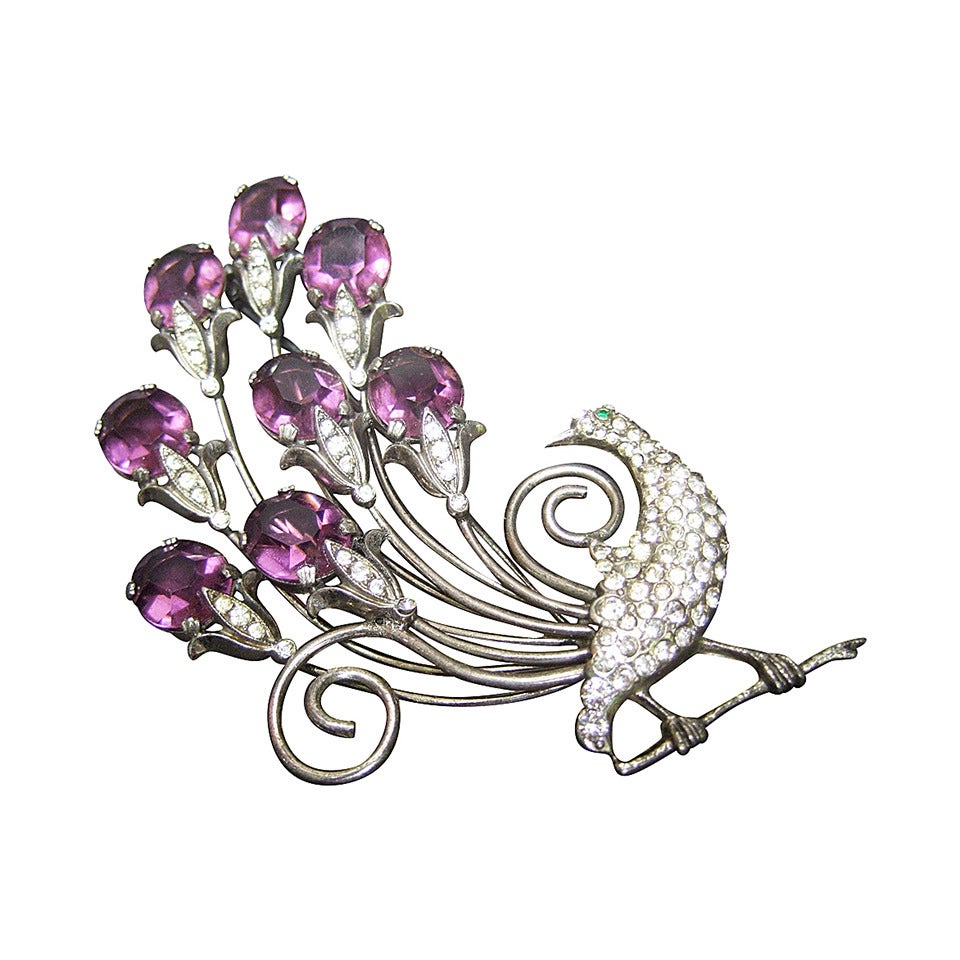 Art Deco Jeweled Sterling Peacock Brooch c 1940s