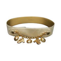 Salvatore Ferragamo Ivory Leather Dangling Gilt Metal Charm Belt c 1980s 2
