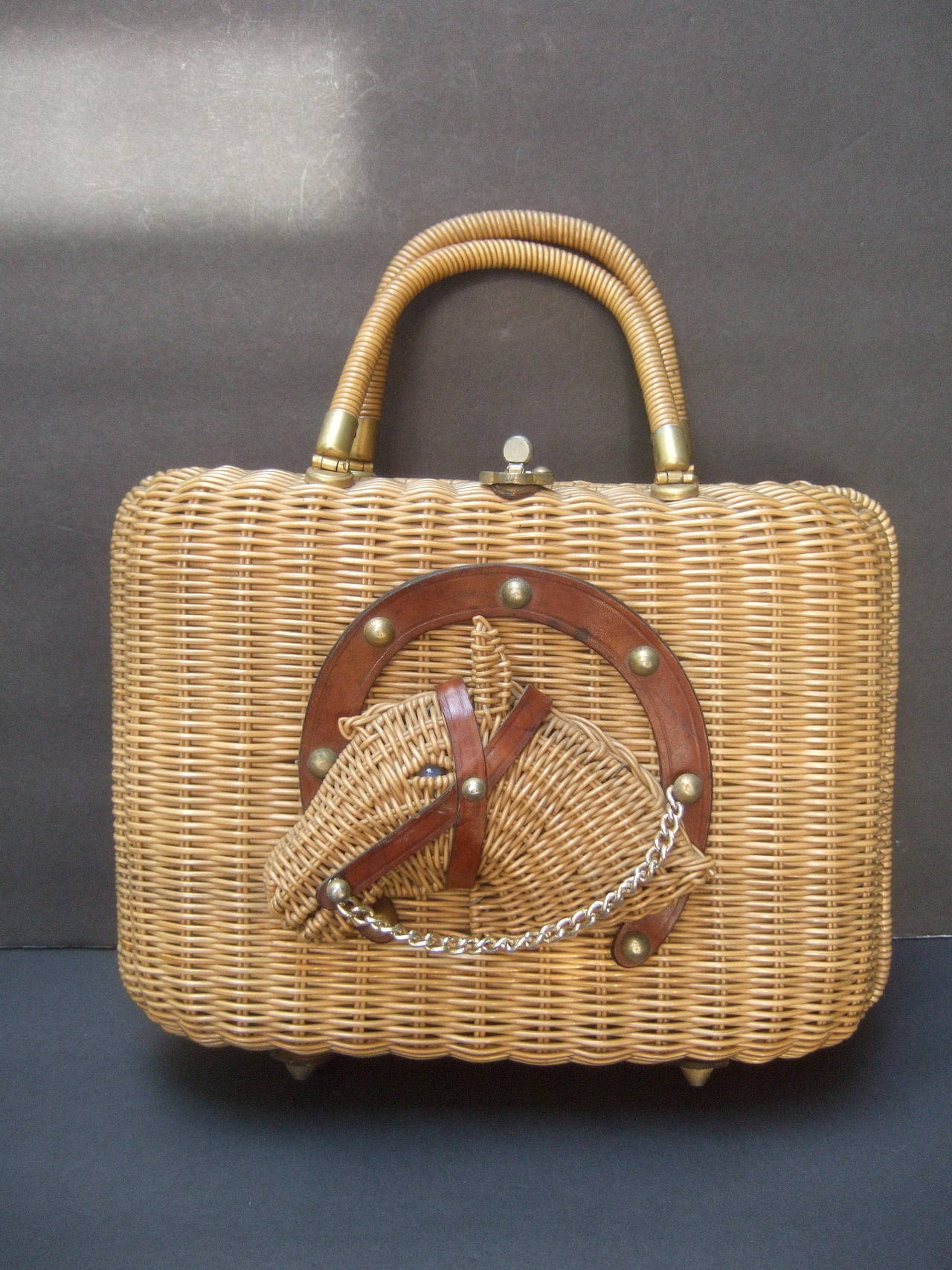 Unique Wicker Horse Head Retro Handbag c 1960 3