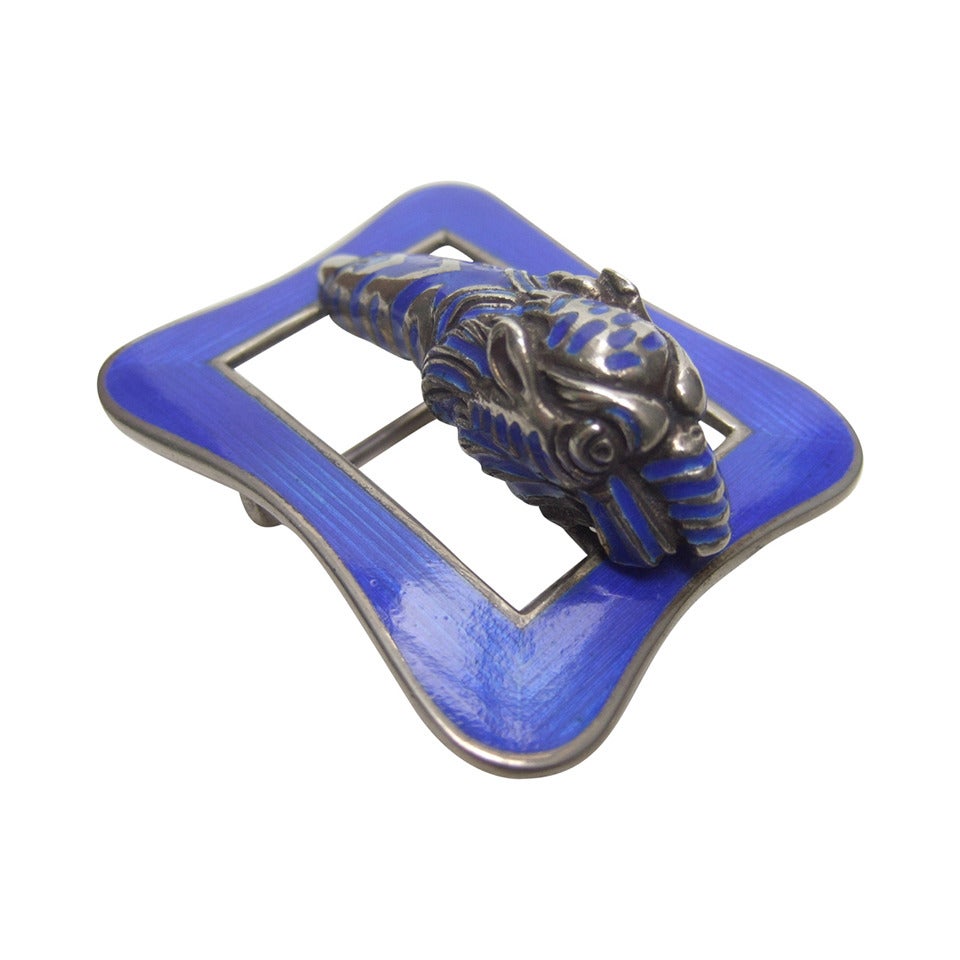 Gucci Rare Sterling Enamel Tiger Belt Buckle c 1970