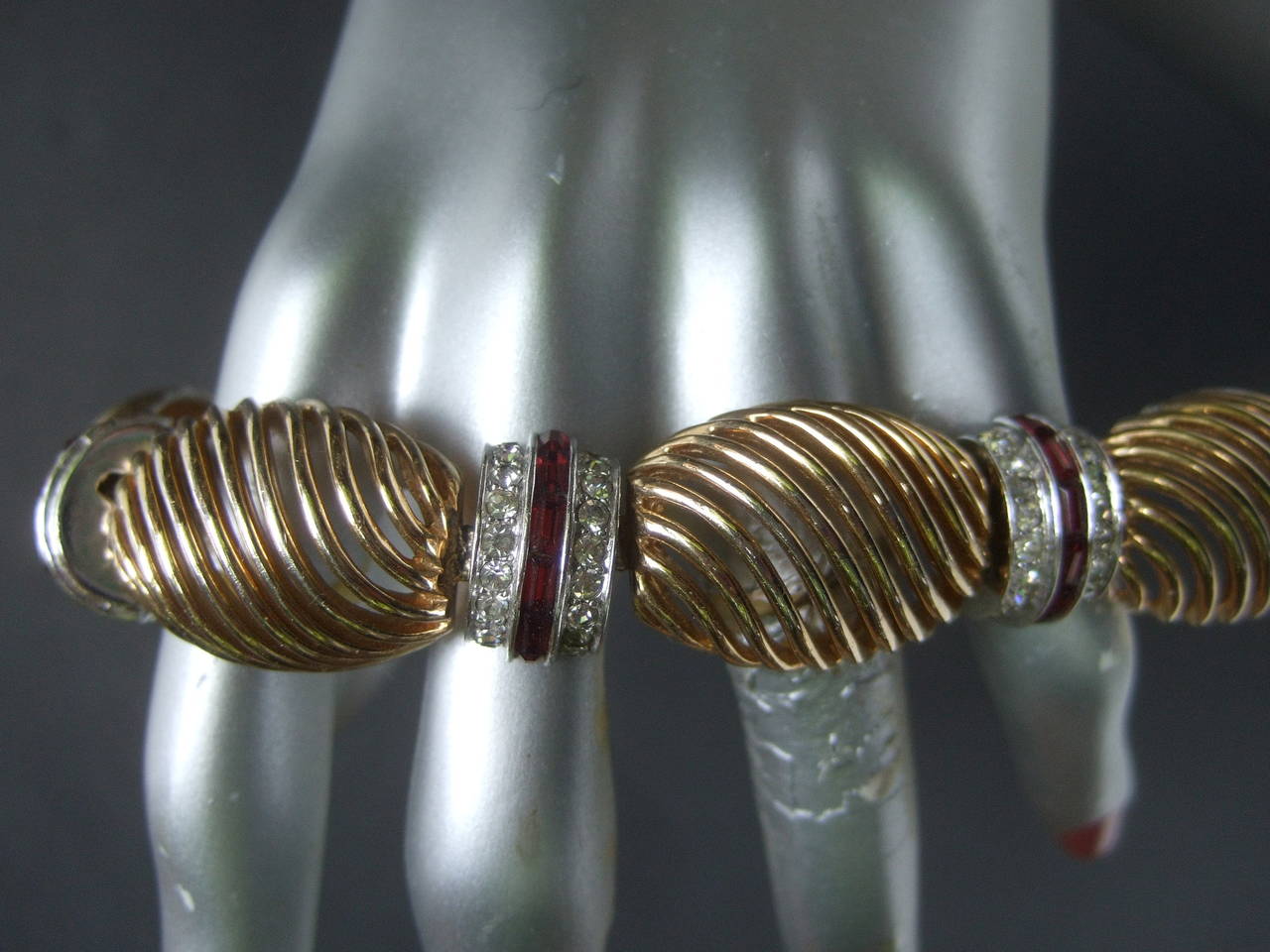 Art Deco Elegant Crystal Jeweled Gilt Metal Bracelet c 1950 For Sale 2