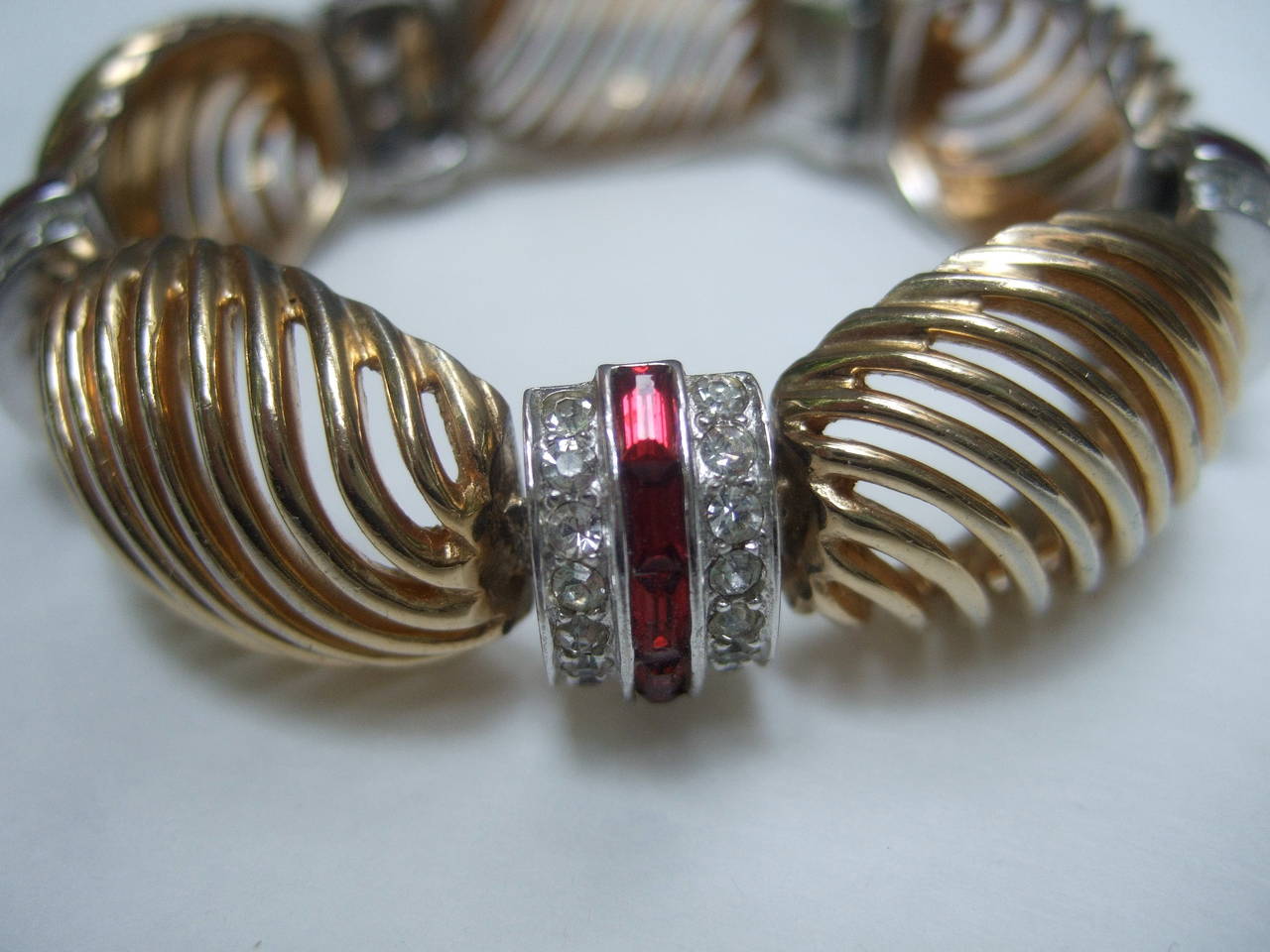 Art Deco Elegant Crystal Jeweled Gilt Metal Bracelet c 1950 For Sale 1