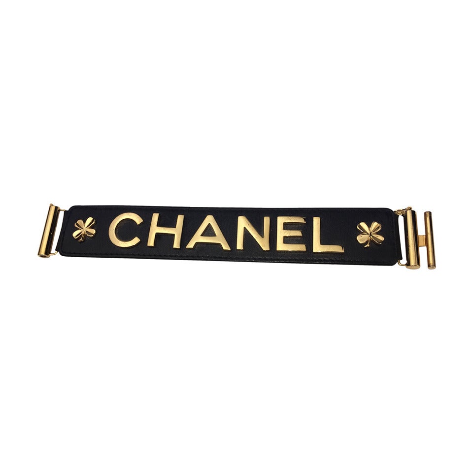 Chanel Black Leather Gilt Logo Cuff from 1988