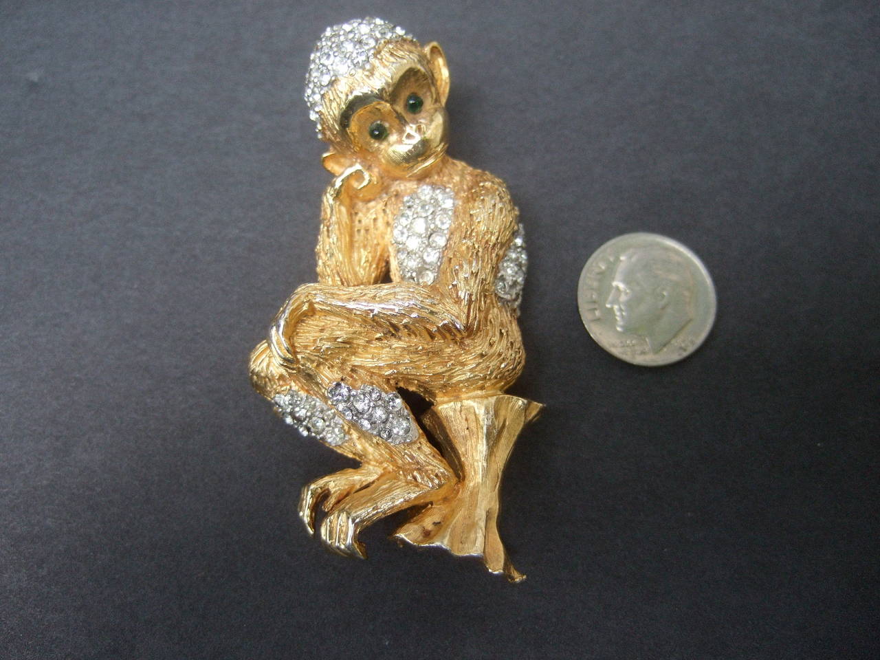 Whimsical Jeweled Gilt Metal Monkey Brooch c 1960 For Sale 1