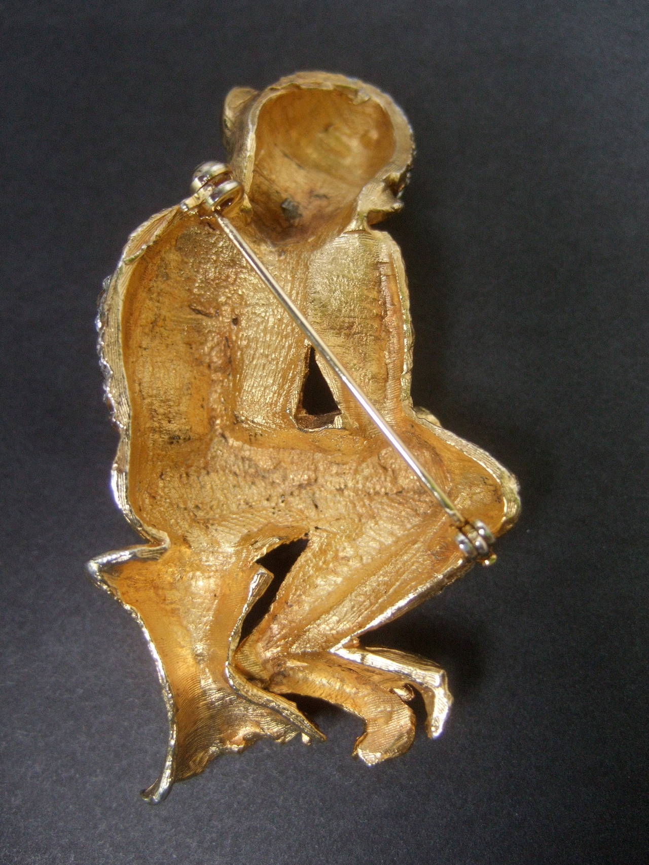 Whimsical Jeweled Gilt Metal Monkey Brooch c 1960 For Sale 3