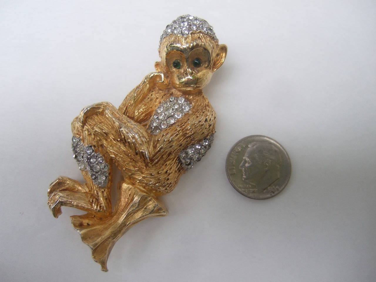 Whimsical Jeweled Gilt Metal Monkey Brooch c 1960 For Sale 2