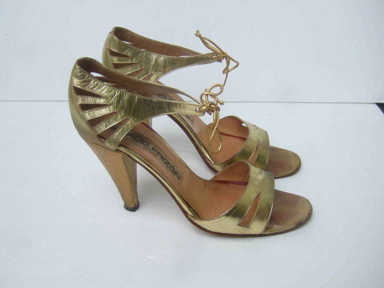 Brown Maud Frizon Paris Gold Leather Strappy Heels Made in Italy Size 37 1/2
