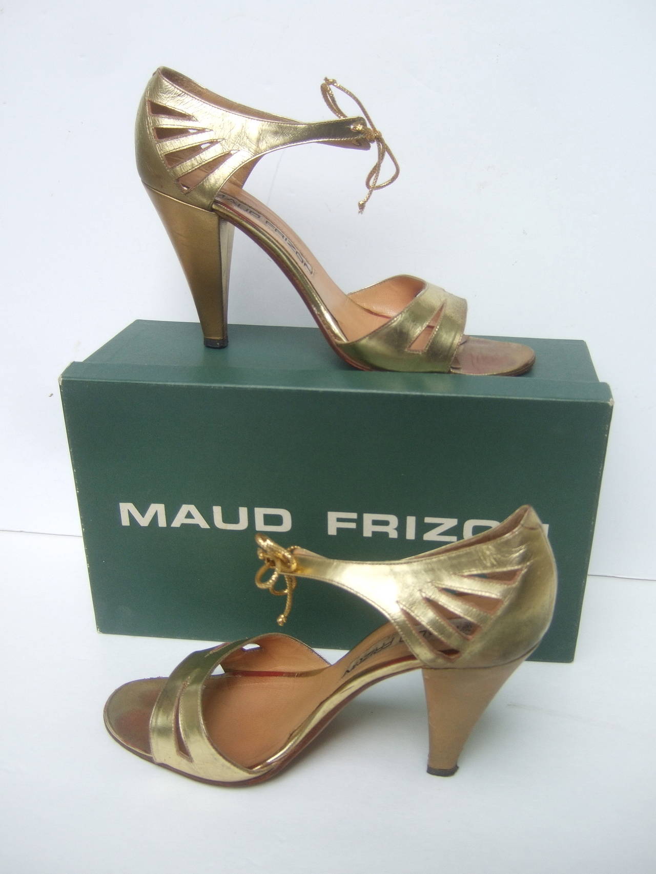 Maud Frizon Paris Gold Leather Strappy Heels Made in Italy Size 37 1/2 1