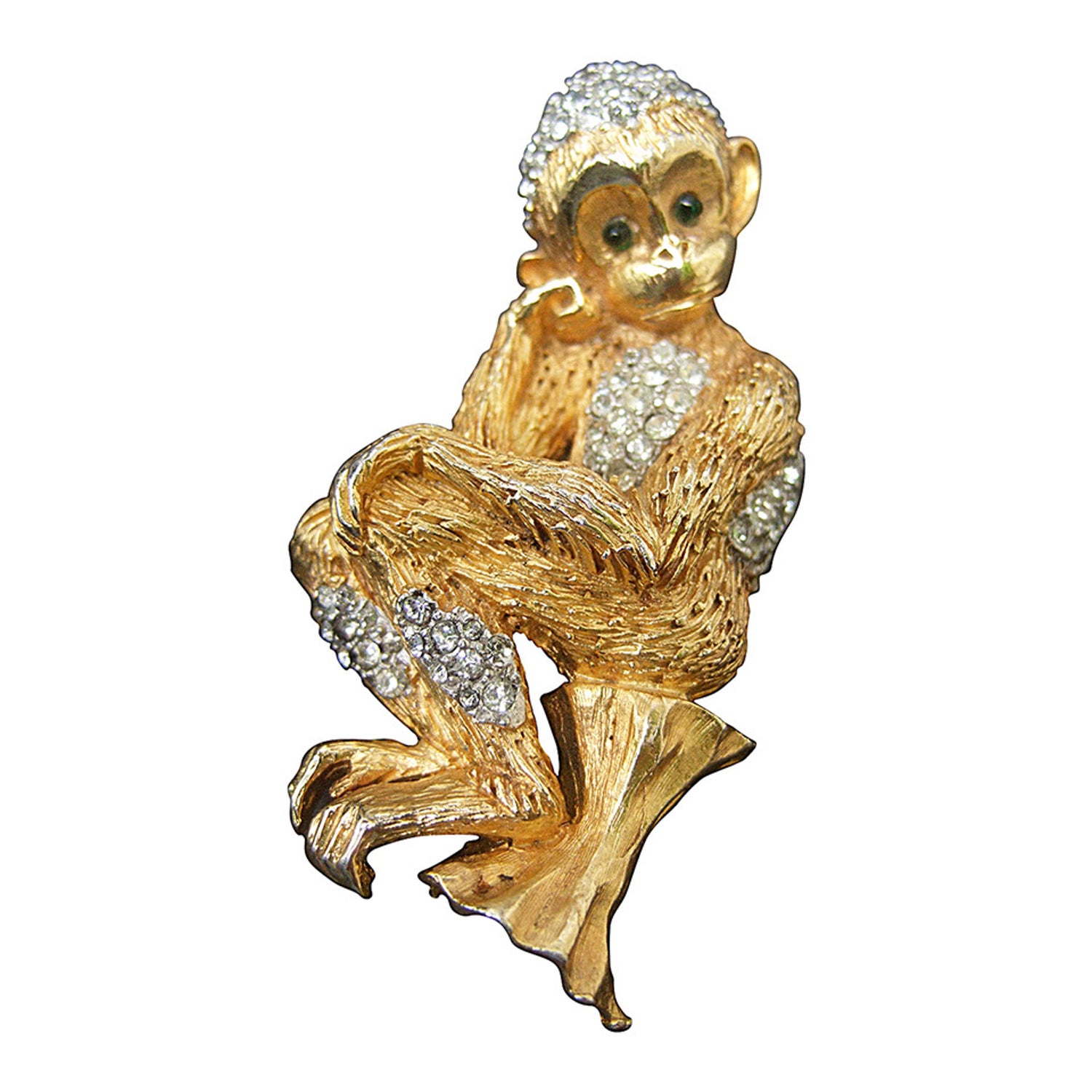 Green and White Crystal Gold Colored Metal Brooch Monkey an Branch Hanging