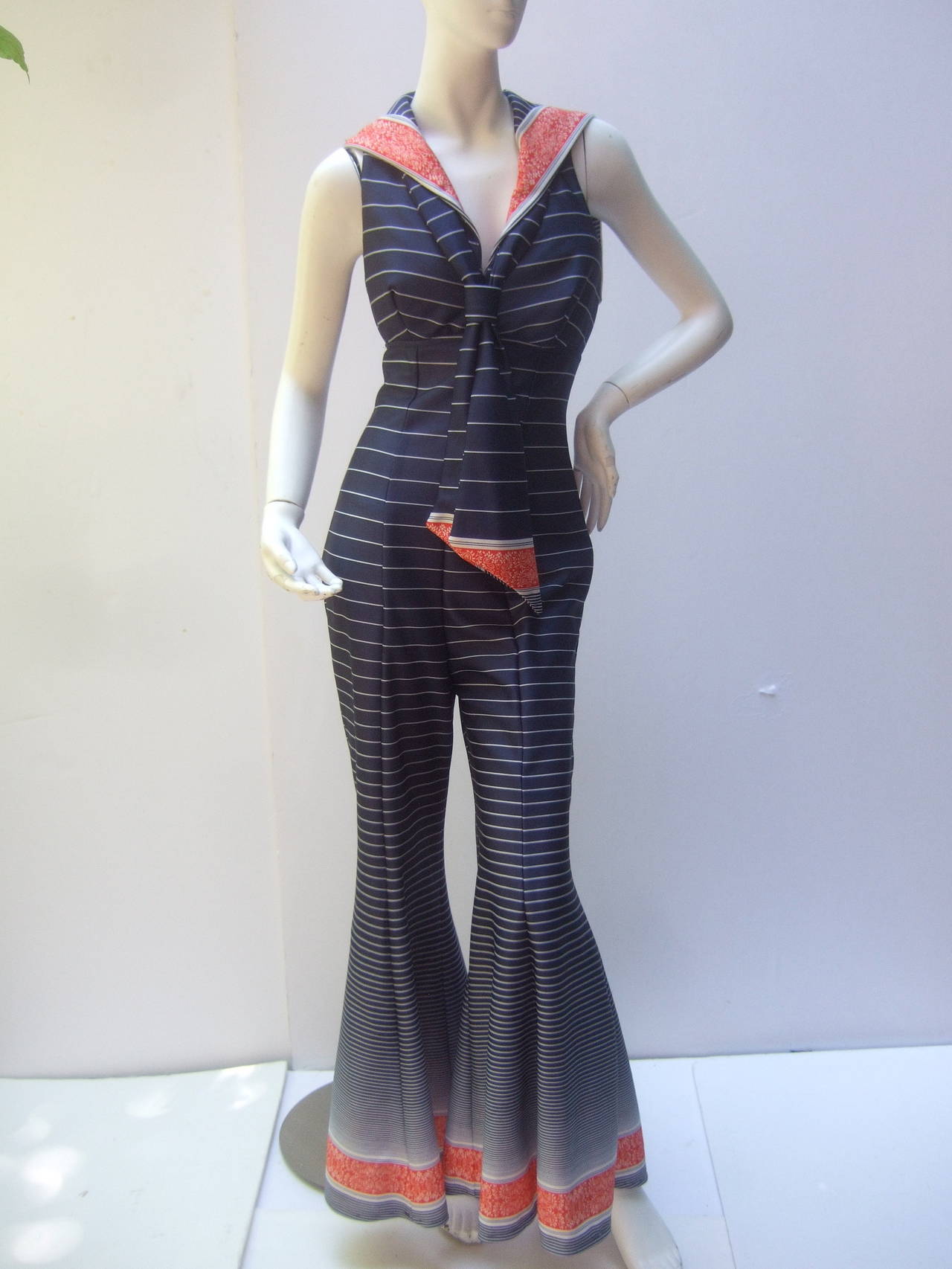 1970s Nautical Mod Jumpsuit with Wide Flared Slacks
