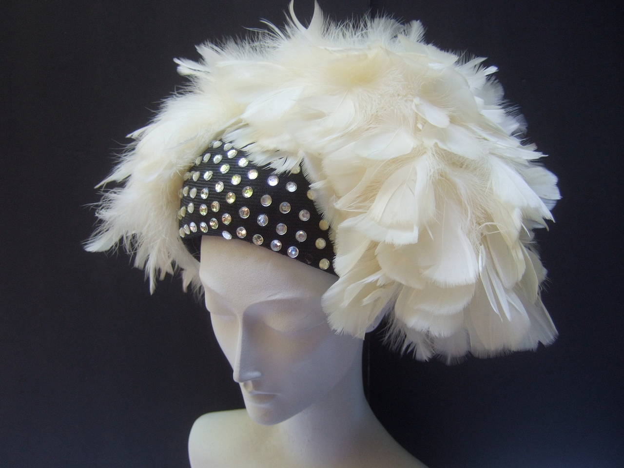Adolfo Flamboyant Jeweled Feather Hat c 1970 In Excellent Condition In University City, MO