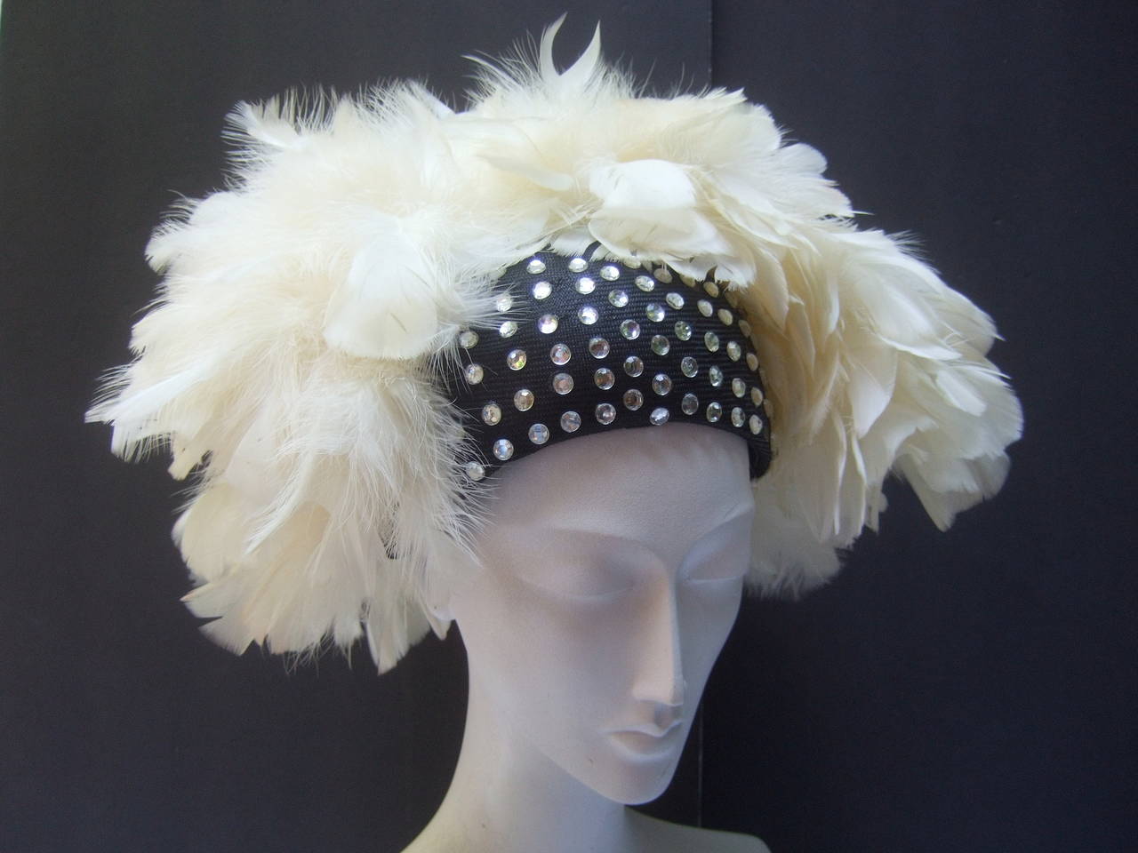 Gray Adolfo Flamboyant Jeweled Feather Hat c 1970