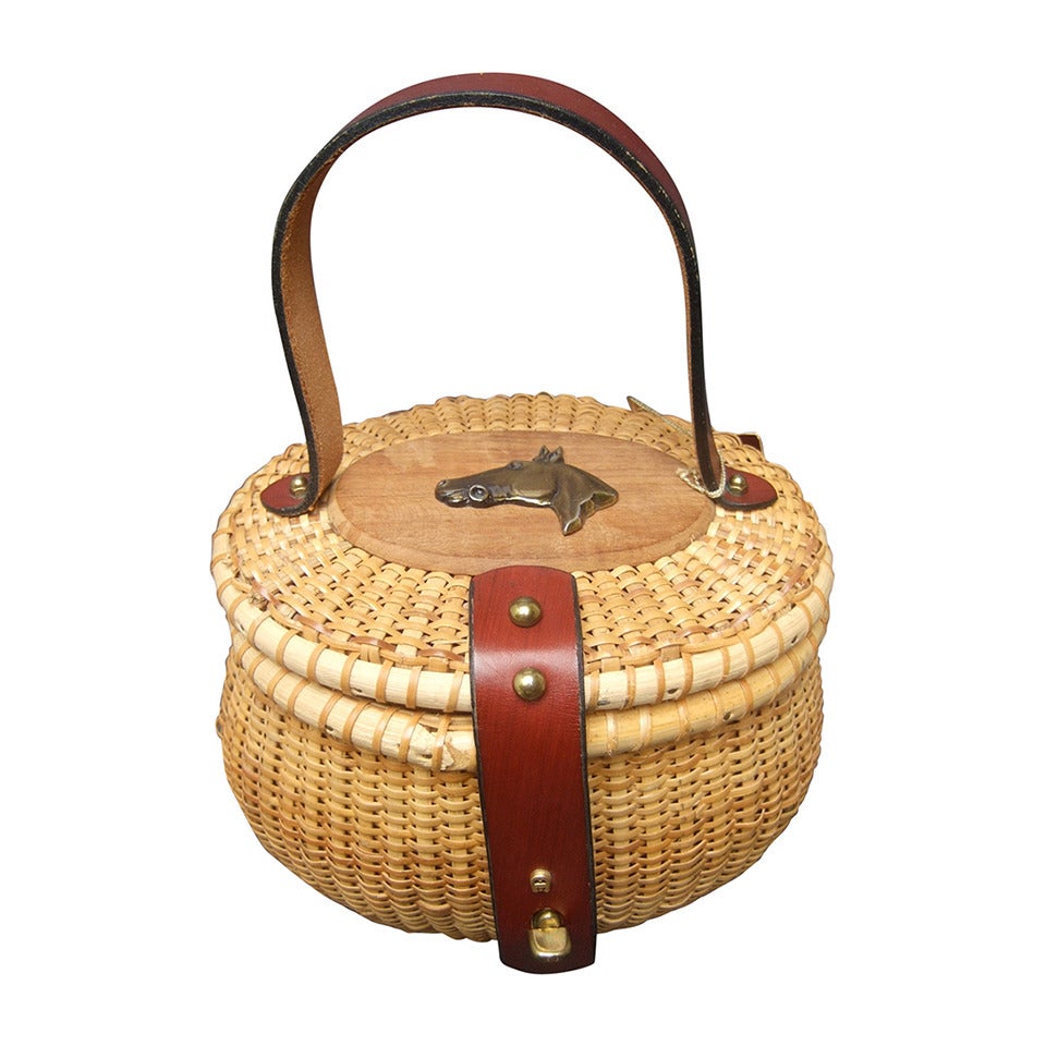 Oval Wicker Basket Equestrian Theme Handbag c 1970s at 1stDibs