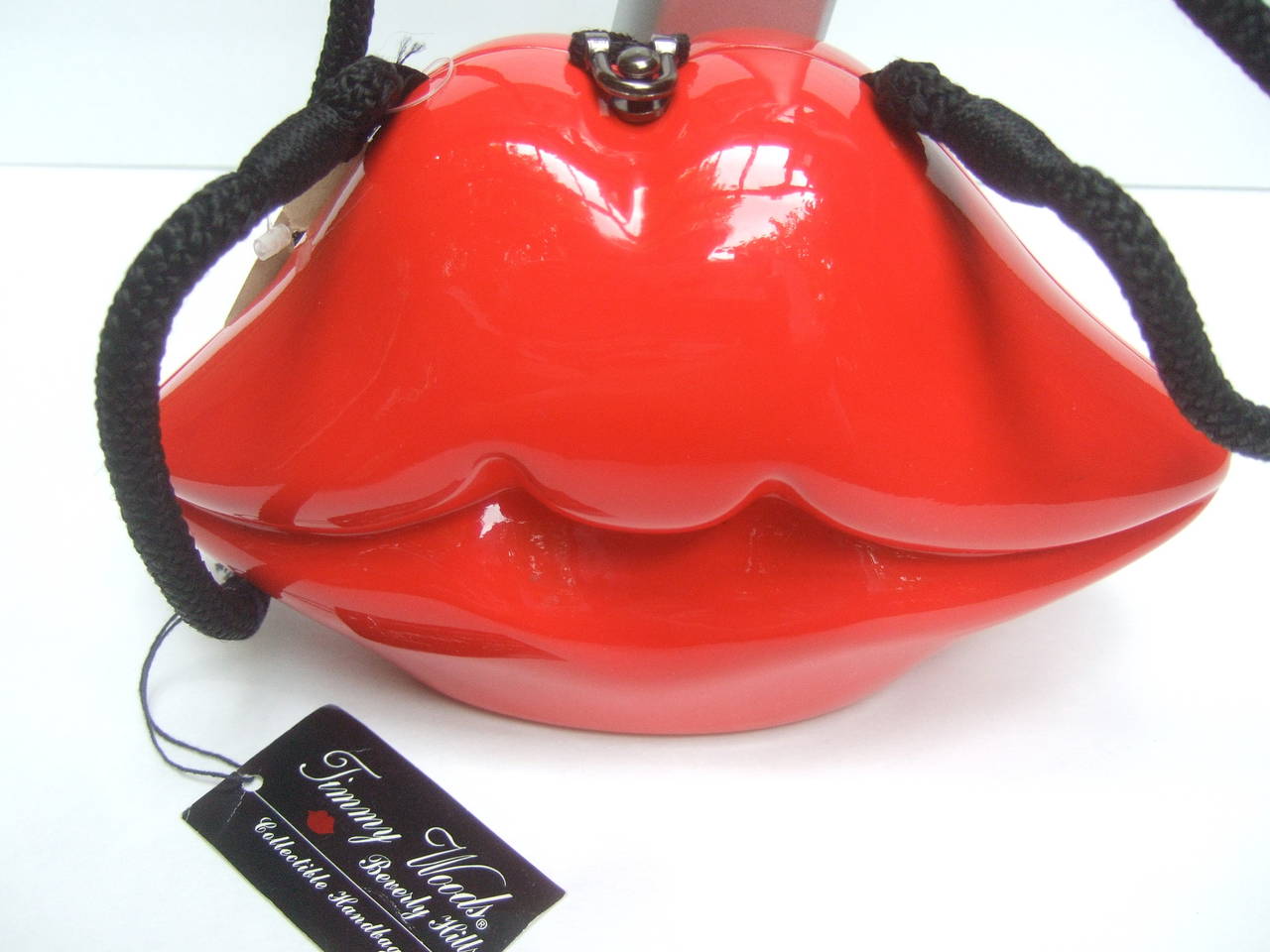 RESERVED SALE PENDING Timmy Woods Beverly Hills Red Enamel Lips Handbag c 1990s 2