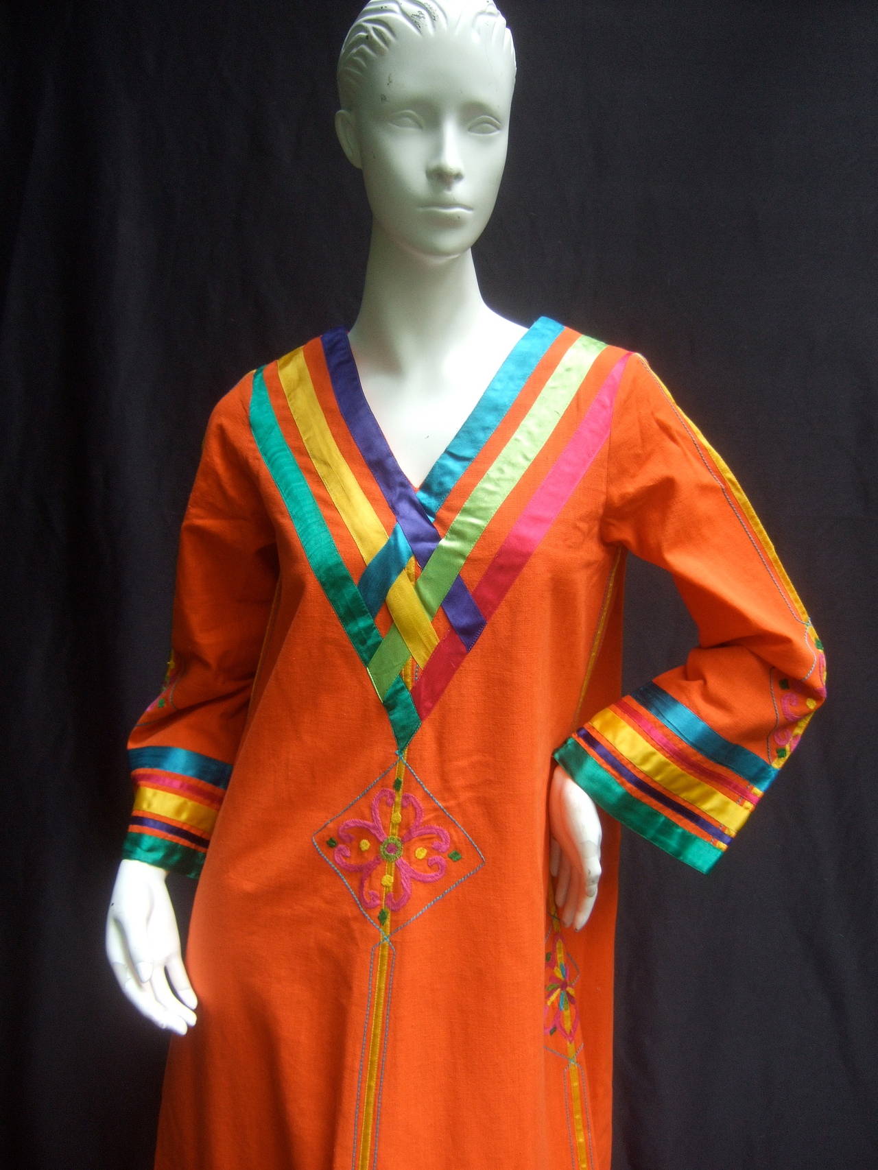 Women's Vibrant Mexican Festival Tangerine Cotton Caftan Designed by Joesfa c 1970s