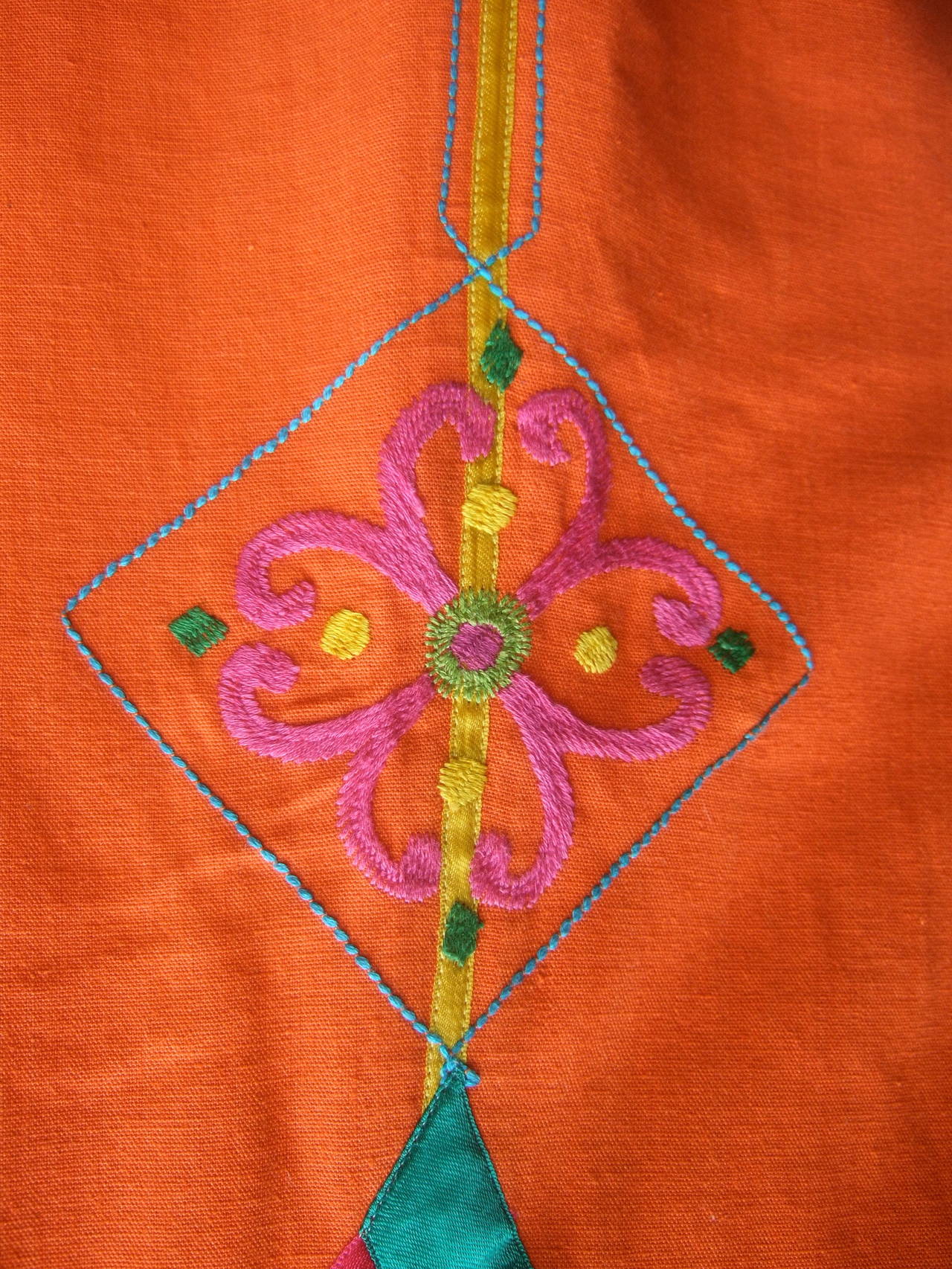 Vibrant Mexican Festival Tangerine Cotton Caftan Designed by Joesfa c 1970s 4
