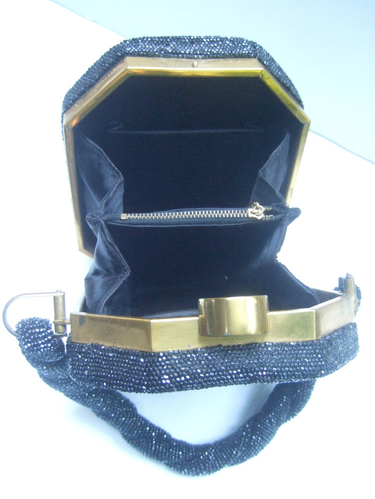 Women's 1940s Art Deco Black Carnival Glass Beaded Handbag For Sale