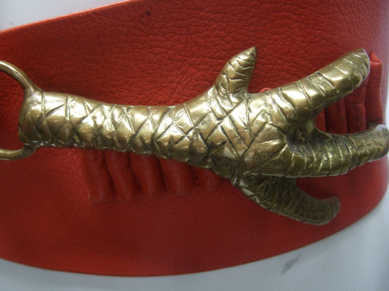 Surrealistic Scarlet Red Leather Brass Claw Belt by Georges Mailian Paris For Sale 3