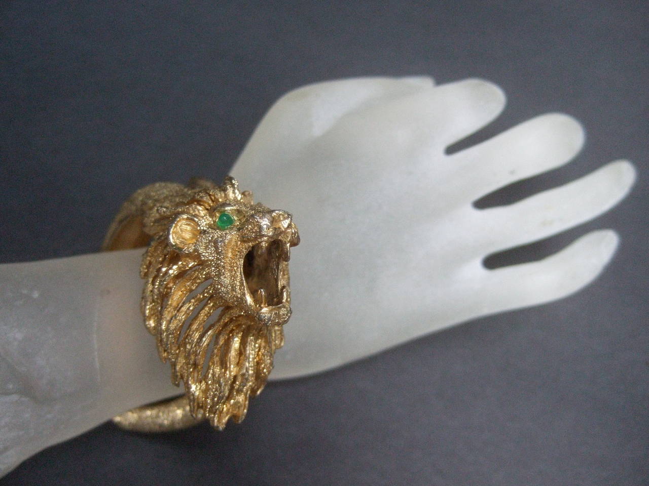 Women's Ornate Gilt Metal Lion Bracelet Designed by Les Bernard c 1970s