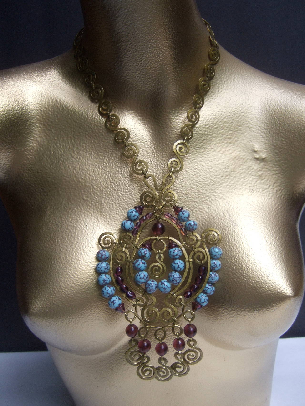 Exotic Massive Glass Beaded Etruscan Style Pendant Necklace In Excellent Condition For Sale In University City, MO