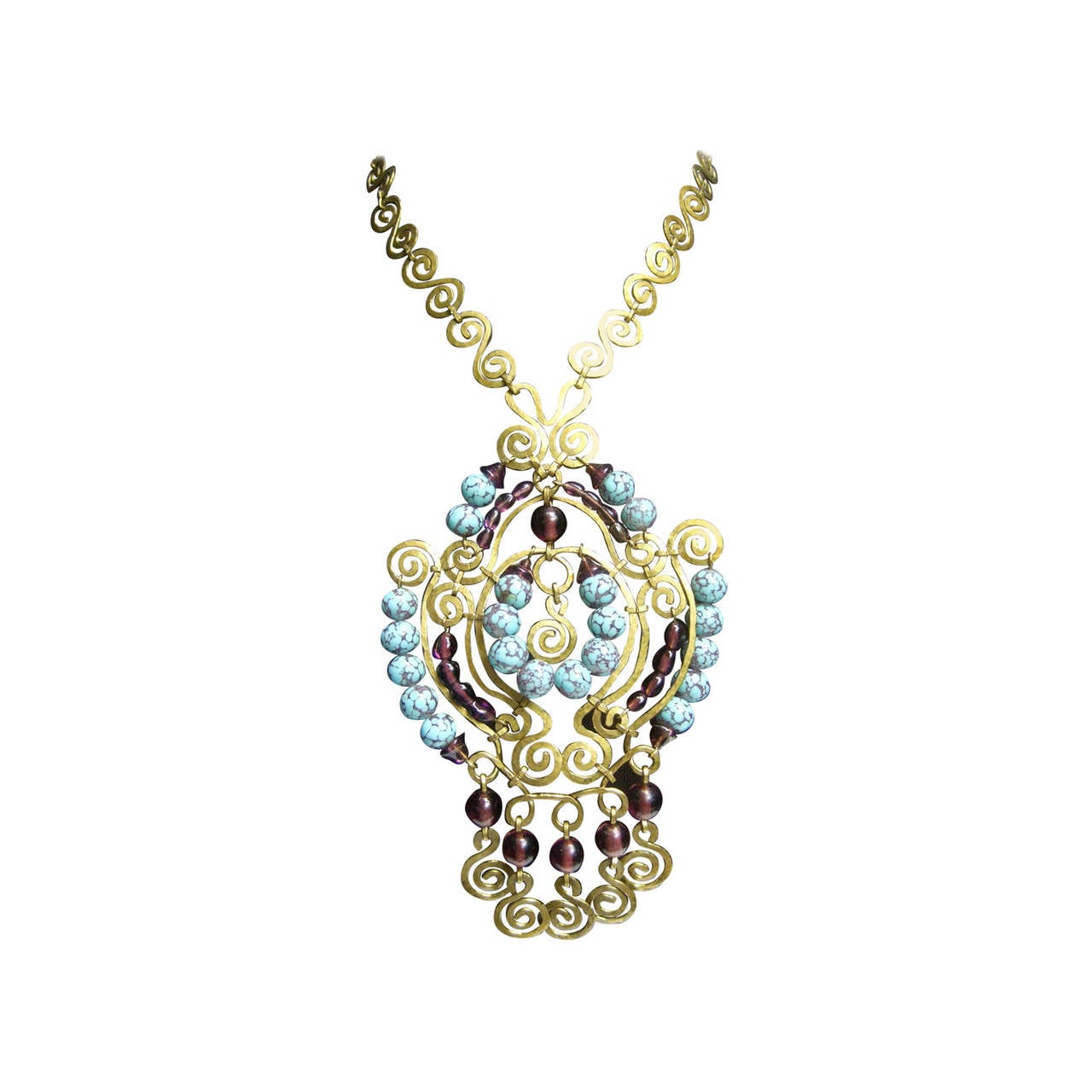 Collana con ciondolo in stile etrusco con perline di vetro massicce esotiche in vendita