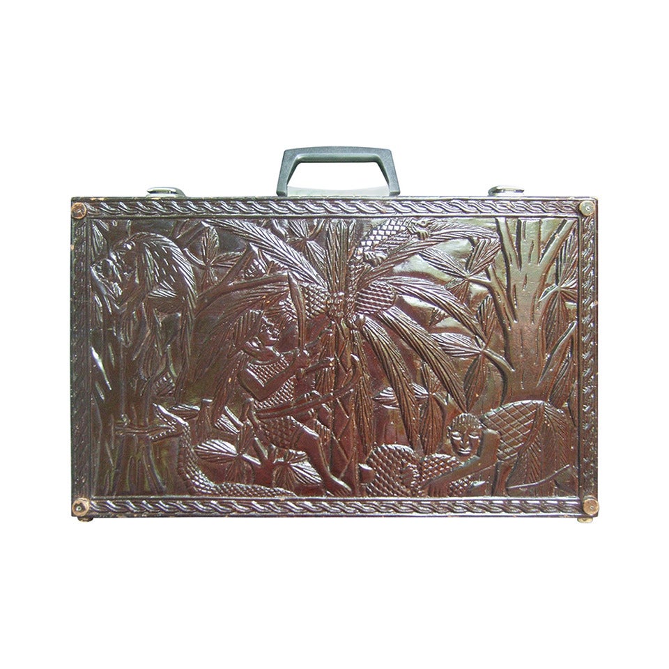 Exotic Wood Hand Carved Tropical Jungle Brief Case c 1970s For Sale at